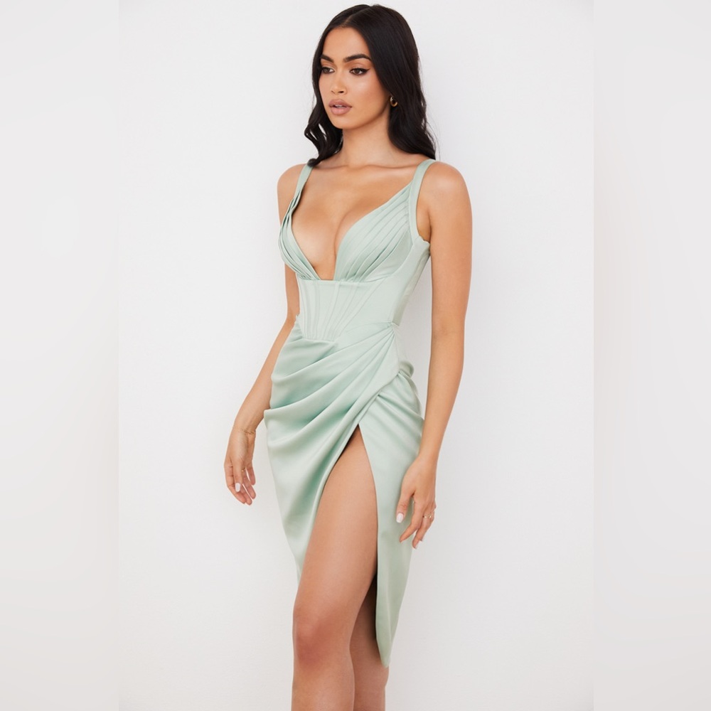 House of CB Faye Pistachio Satin Midi Corset Midi Dress